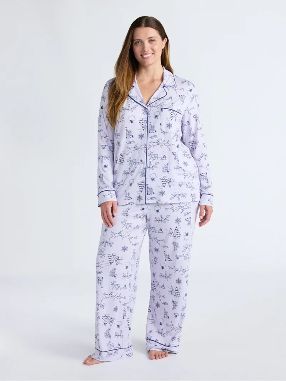 Women's Lavender Printed Two-Piece Pajama Set - Long Sleeve Button-Up - Picture 2 of 6